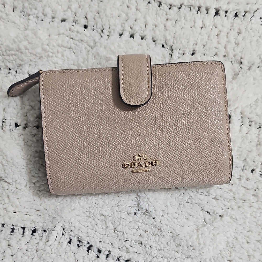 Coach Beige Leather Compact Wallet with Gold Logo